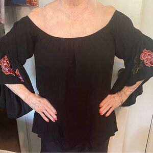 Feathers off the shoulder boho, black blouse with large flutter sleeves,…